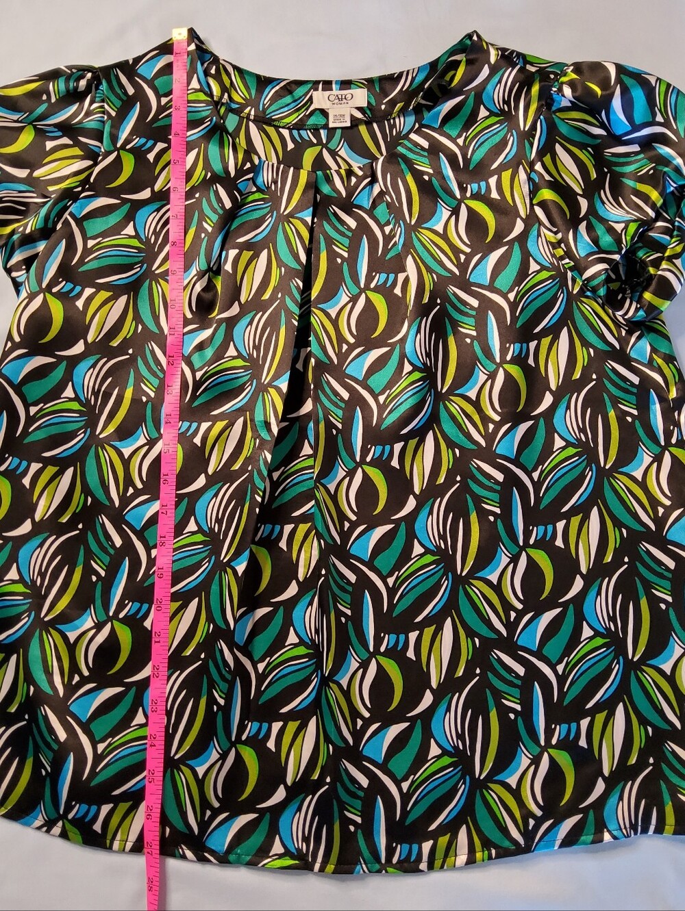 Cato Leaf-Print Flutter Sleeve Top in Teal, Lime & Black 14/16W - Picture 3 of 7